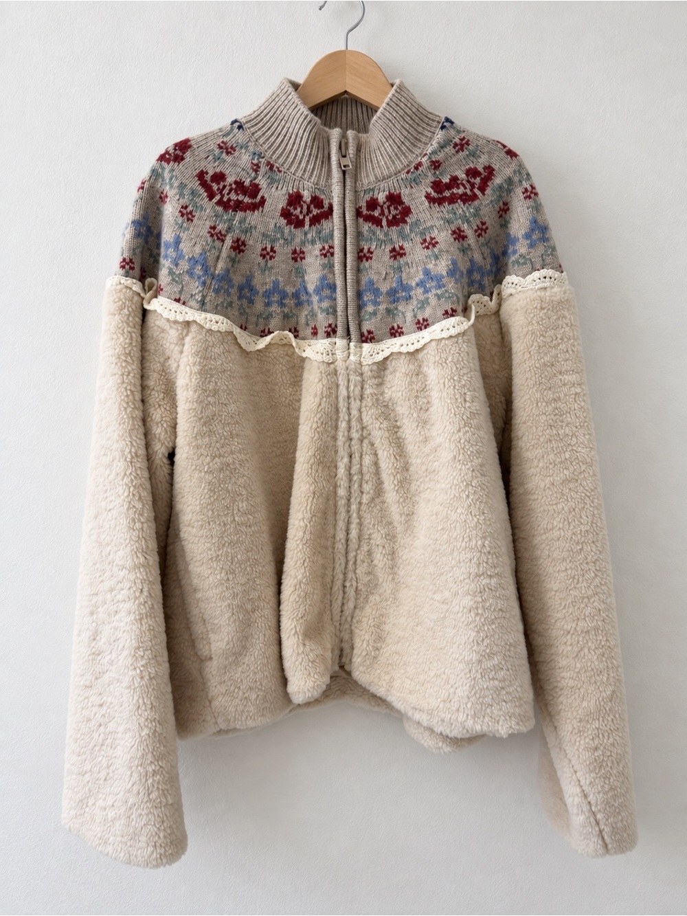 Sea New York Cream Sherpa Jacket with Red and Blue Floral Yoke